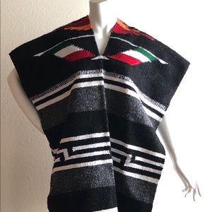 VTG Mexican Striped Poncho Blanket Sweater Fringe